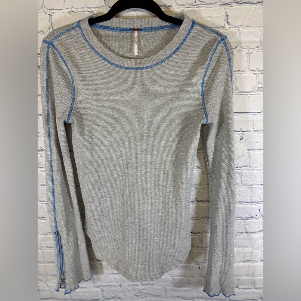 Free People Zip It Gray Blue Stitch Crewneck Gorpcore Boho Waffle Thermal Top M